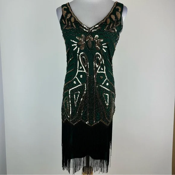BABEYOND Green Gold Art Deco Sequin Flapper Dress Size XS - Picture 2 of 14